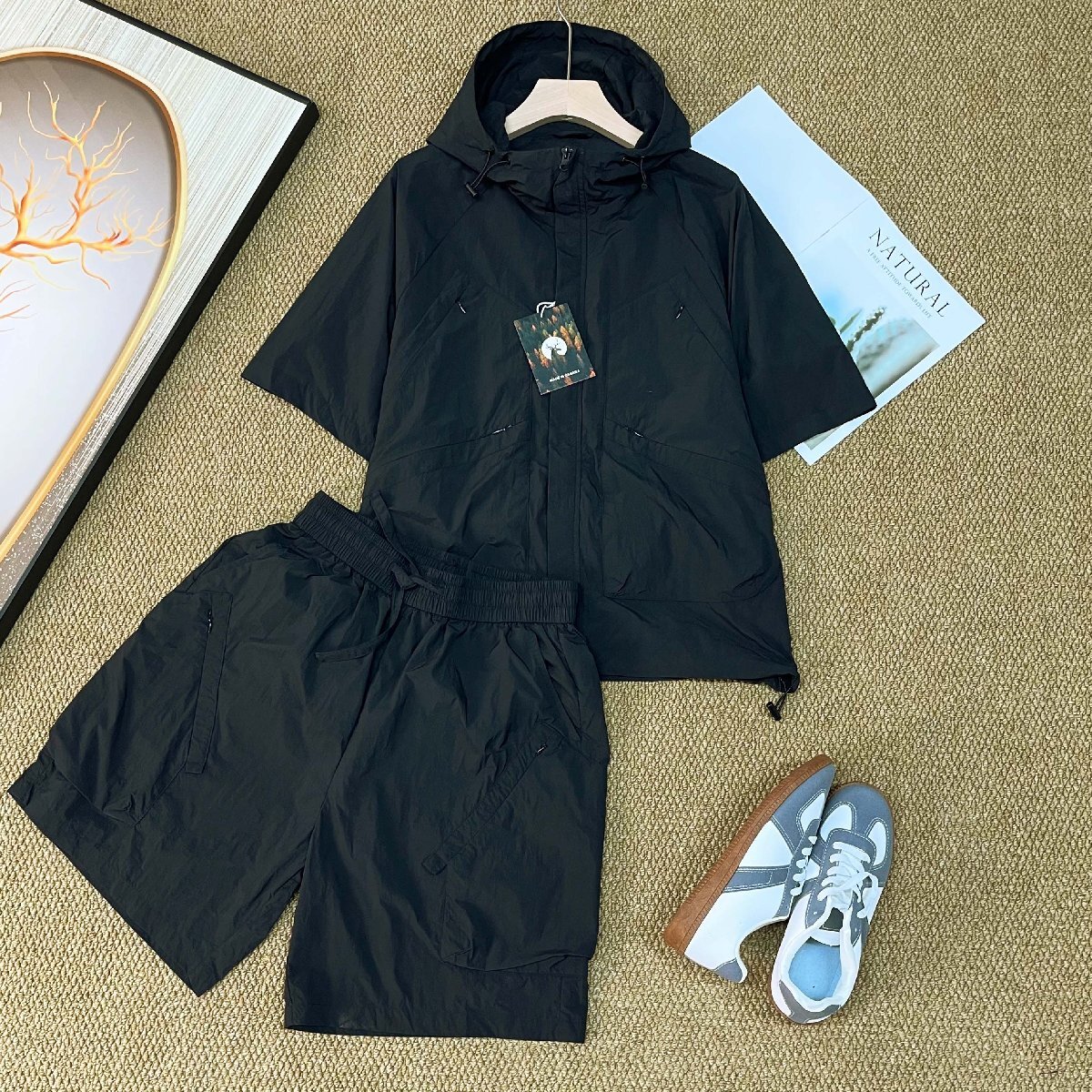 上下セット カナダ制造 高級 軽量 ソフト 無地 半袖 パーカー ショートパンツ 短パン 2點セット セットアップ カジュアル スポーツ SIZE:L