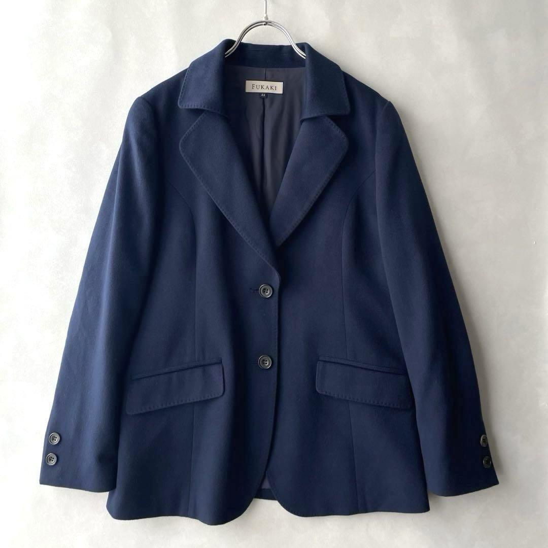 美品 FUKAKI 深喜毛織　サイズ11号　サイズL カシミヤ90%　テーラードジャケット レディース ネイビー_画像1