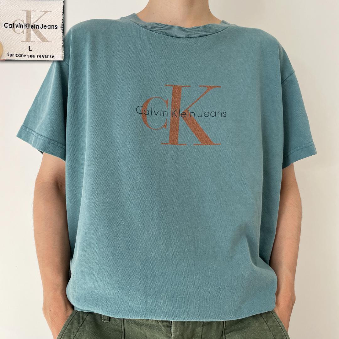GG136 00s Tシャツ カルバンクラインジーンズ ロゴ USA製 90s〜00s ビンテージ 古着 ダブルステック Lサイズ Calvin Klein jeansタグ 青T