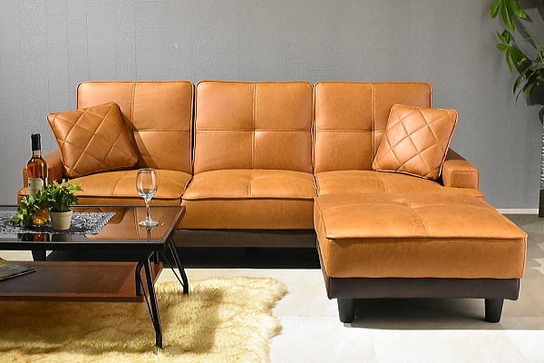 1円～ 地域限定送料無料 新品 レザーファブリック張りリクライニング３Pソファーベッド スツール付き3人用カウチソファ おしゃれ:ST32-6E66