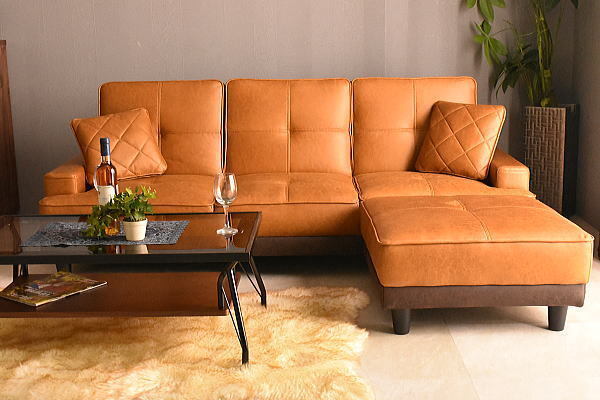 1円～ 地域限定送料無料 新品 レザーファブリック張りリクライニング３Pソファーベッド スツール付き3人用カウチソファ おしゃれ:ST32-6E66