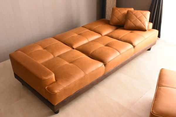 1円～ 地域限定送料無料 新品 レザーファブリック張りリクライニング３Pソファーベッド スツール付き3人用カウチソファ おしゃれ:ST32-6E66