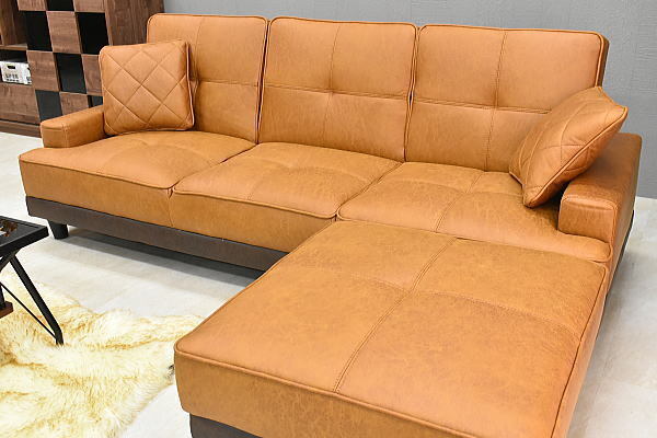 1円～ 地域限定送料無料 新品 レザーファブリック張りリクライニング３Pソファーベッド スツール付き3人用カウチソファ おしゃれ:ST32-6E66