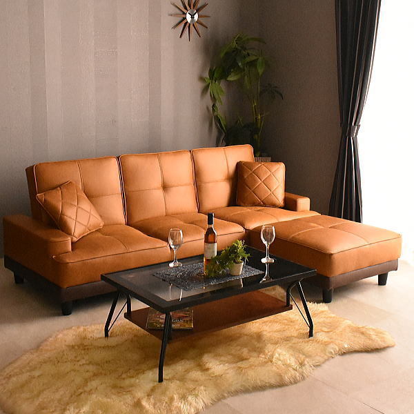 1円～ 地域限定送料無料 新品 レザーファブリック張りリクライニング３Pソファーベッド スツール付き3人用カウチソファ おしゃれ:ST32-6E66