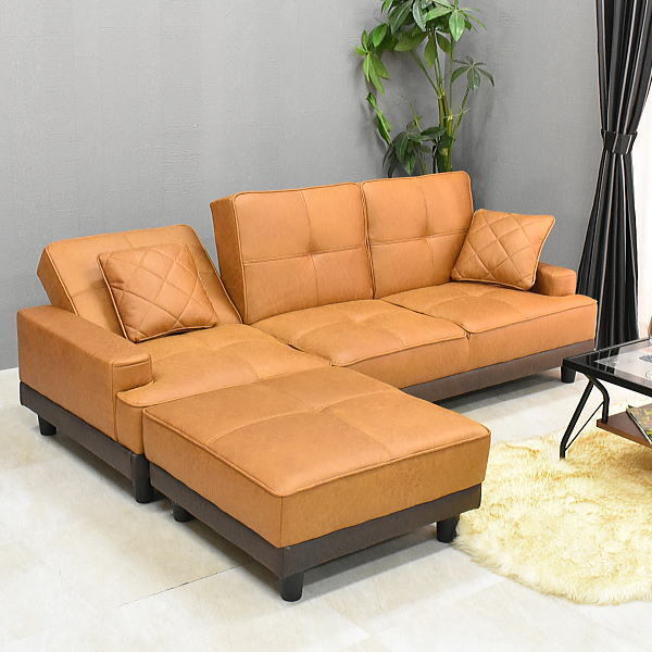 1円～ 地域限定送料無料 新品 レザーファブリック張りリクライニング３Pソファーベッド スツール付き3人用カウチソファ おしゃれ:ST32-6E66