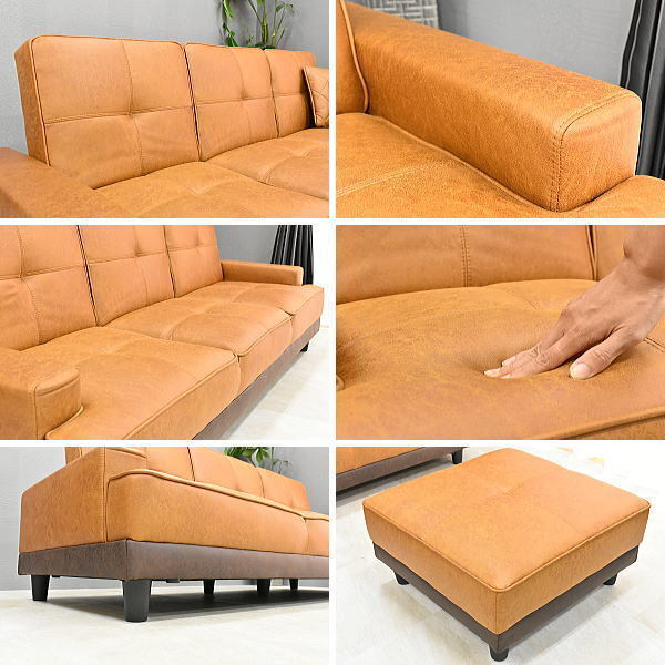 1円～ 地域限定送料無料 新品 レザーファブリック張りリクライニング３Pソファーベッド スツール付き3人用カウチソファ おしゃれ:ST32-6E66