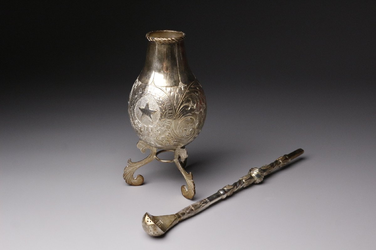 【LIG】パラグアイ製 銀製 マテカップ ボンビージャ 800刻印 総重量191g ティーセット 細密造 マテ茶 アンティーク [.RW]25.9_画像2