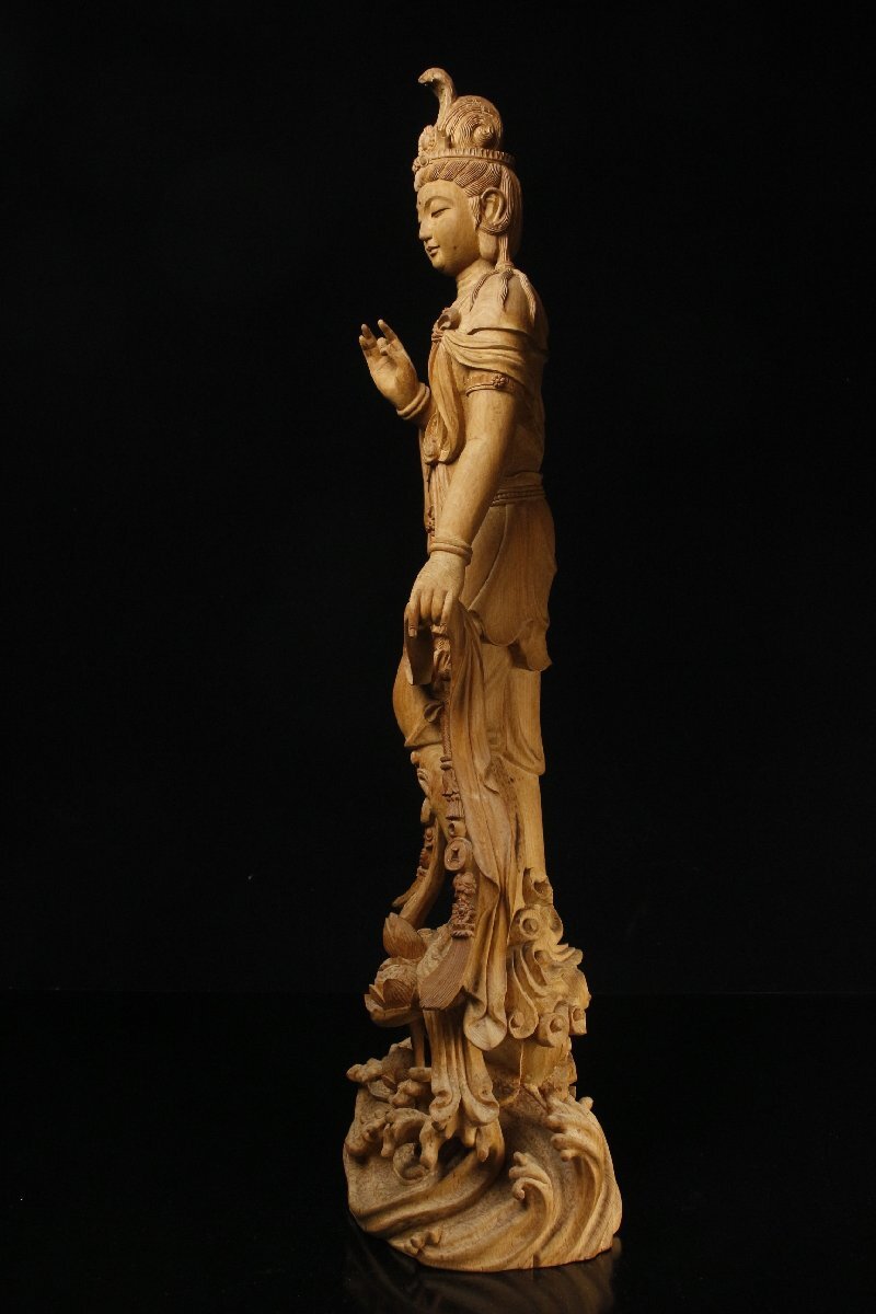 【LIG】仏教美術(shù) 木彫 観音菩薩立像 特大67㎝ 細(xì)密彫刻 寺院収蔵品 [.EU]25.9