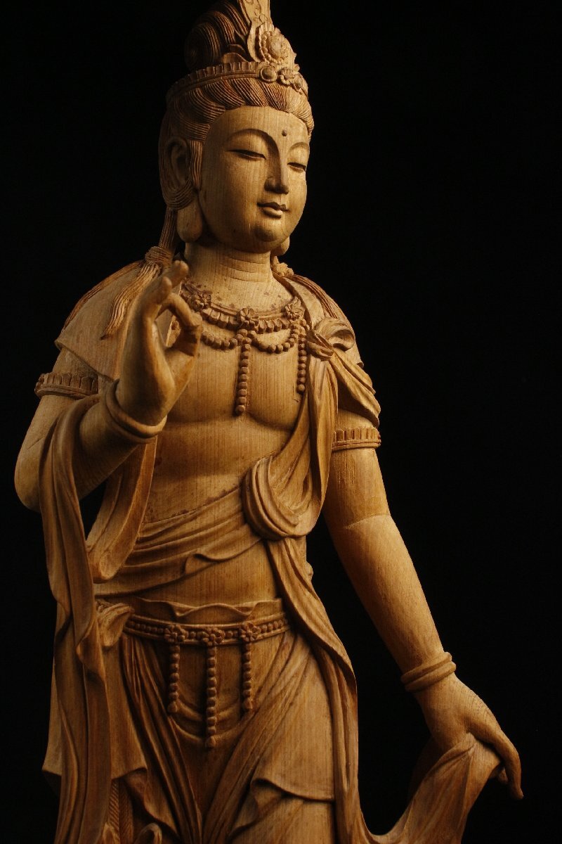 【LIG】仏教美術(shù) 木彫 観音菩薩立像 特大67㎝ 細(xì)密彫刻 寺院収蔵品 [.EU]25.9