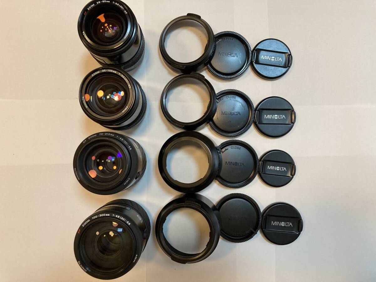 ミノ2) MINOLTA AF ズームレンズ 4本セット 純正キャップ フード付 28-85mm 35-105mm 70-210mm 100-300mm 広角 望遠 初心者 おすすめ