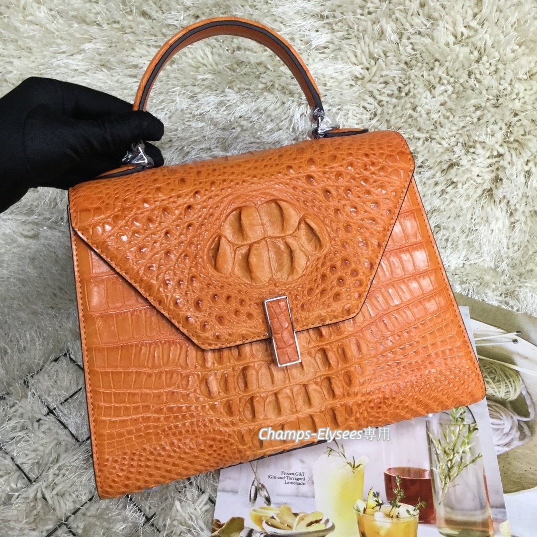 丈夫な骨革　特大コブ　オレンジ　レディースバッグ　1本手　2WAYバッグ　ハンドバッグ　鰐革　水染　クロコダイルレザー　ハンドバッグ