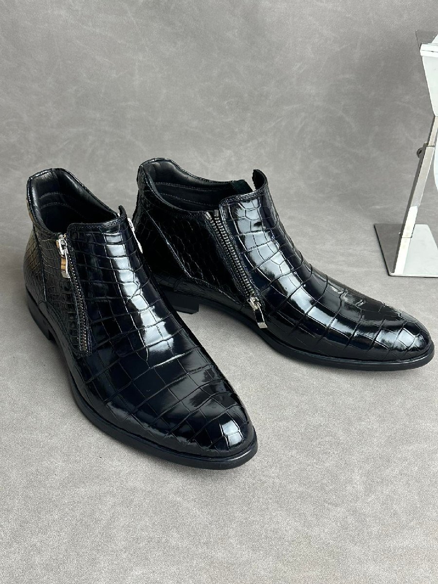 貴重品　本革ブーツ　ショートブーツ　紳士長靴　高級鰐革　腹革　Ａ級革　メンズ革靴　クロコダイルレザー　革ソール　両面ファスナー　　
