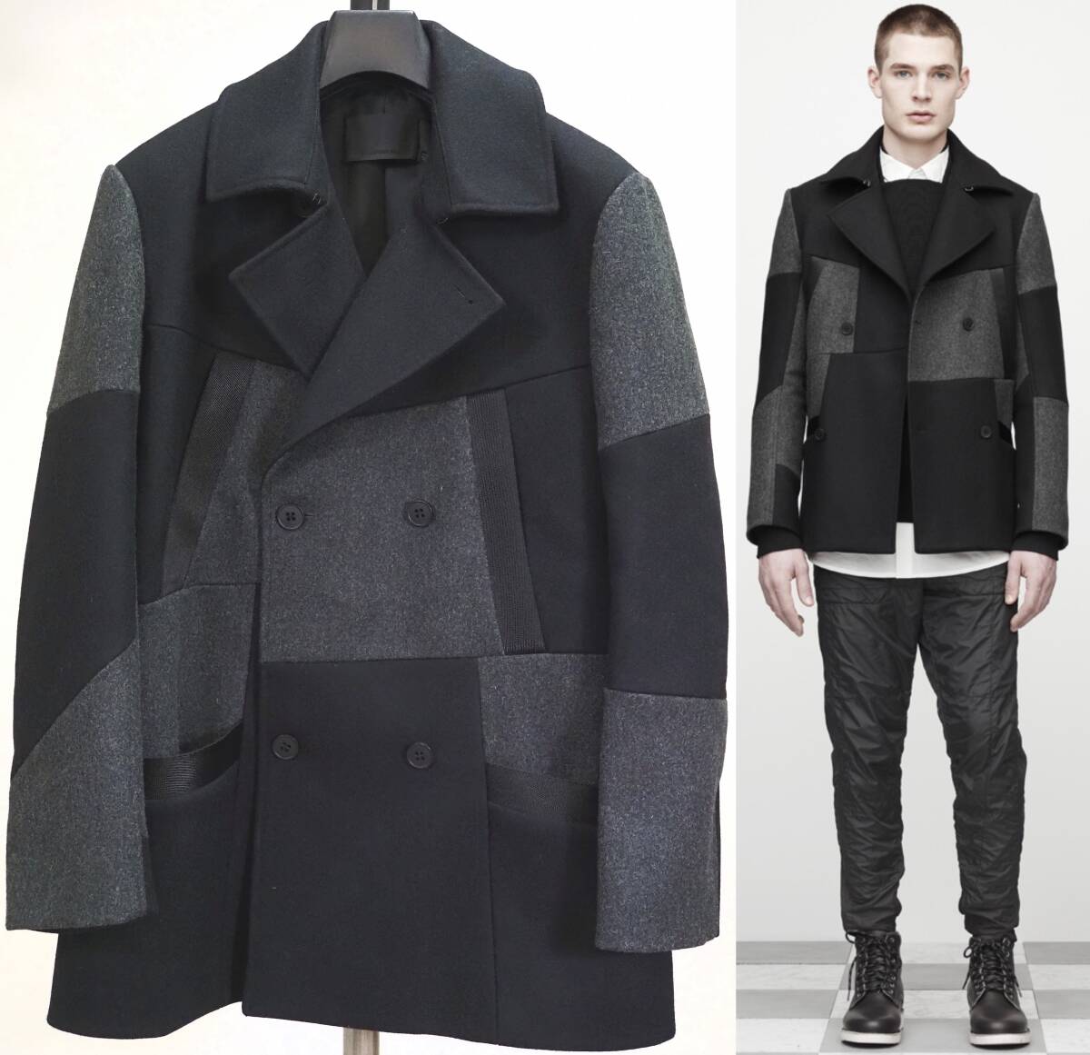 美品 Alexander Wang アレキサンダーワン ファーストライン 12AWパッチワークコート46黒×灰_画像1