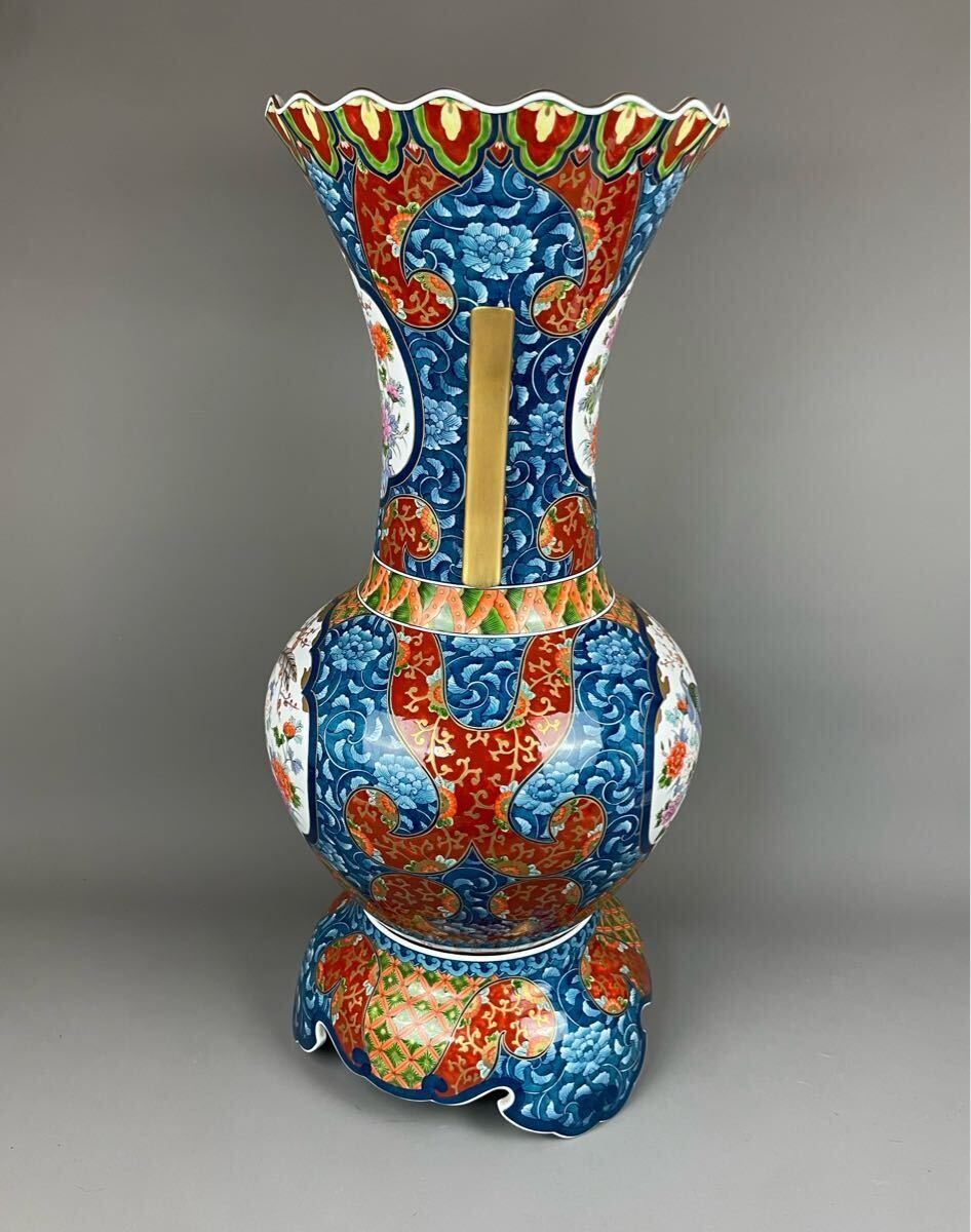 有田焼銘工 藤井勝云 極上 染錦 花鳥図花瓶 金箔 金彩色絵 伝統(tǒng)工蕓美術(shù) 雙耳 飾壷 特大 インテリア オブジェ 置物 床間飾り 牡丹 唐草紋