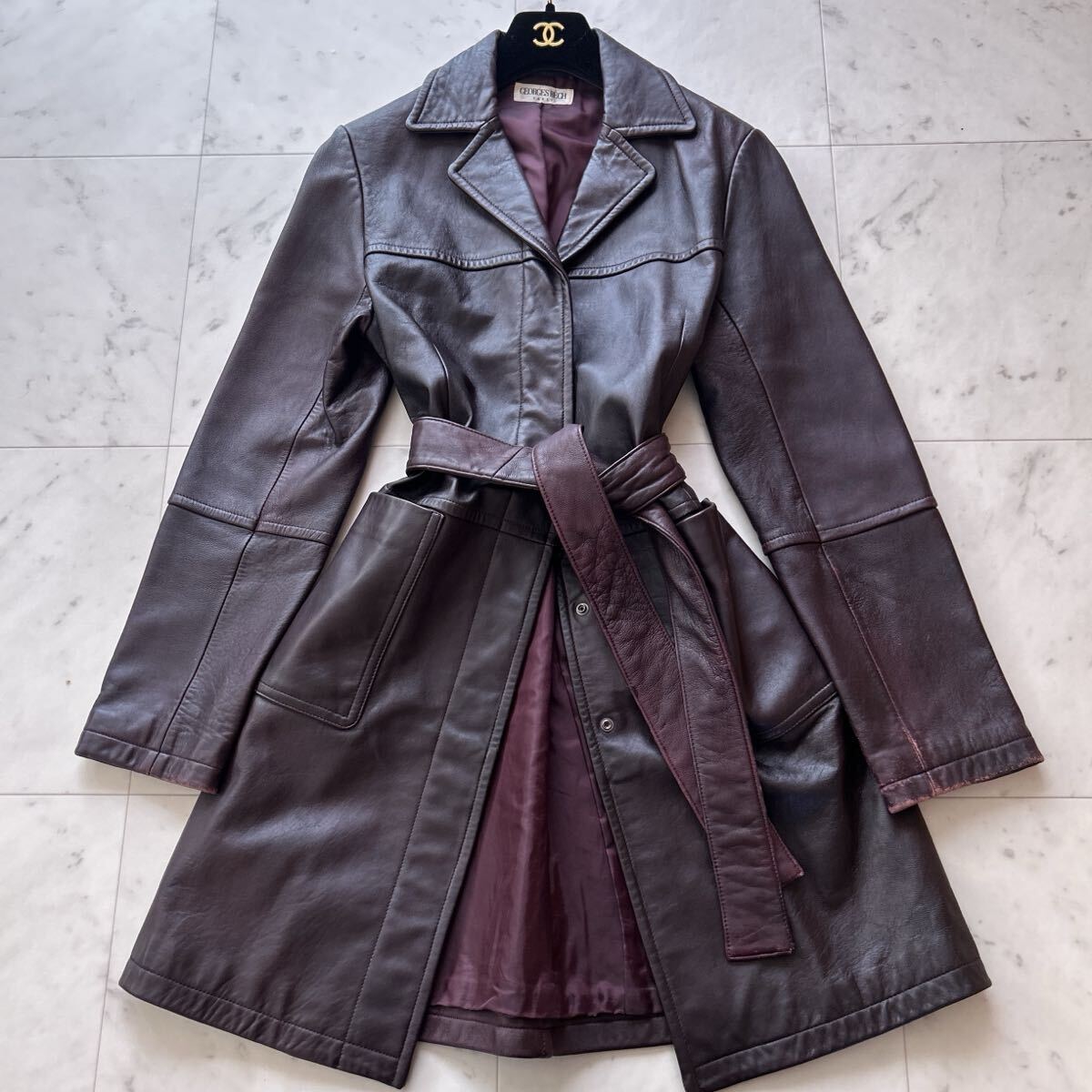 GEORGES RECH ジョルジュレッシュ 本革 ラムレザー コート ロング ベルト赤茶 38 Mサイズ アウター_画像1