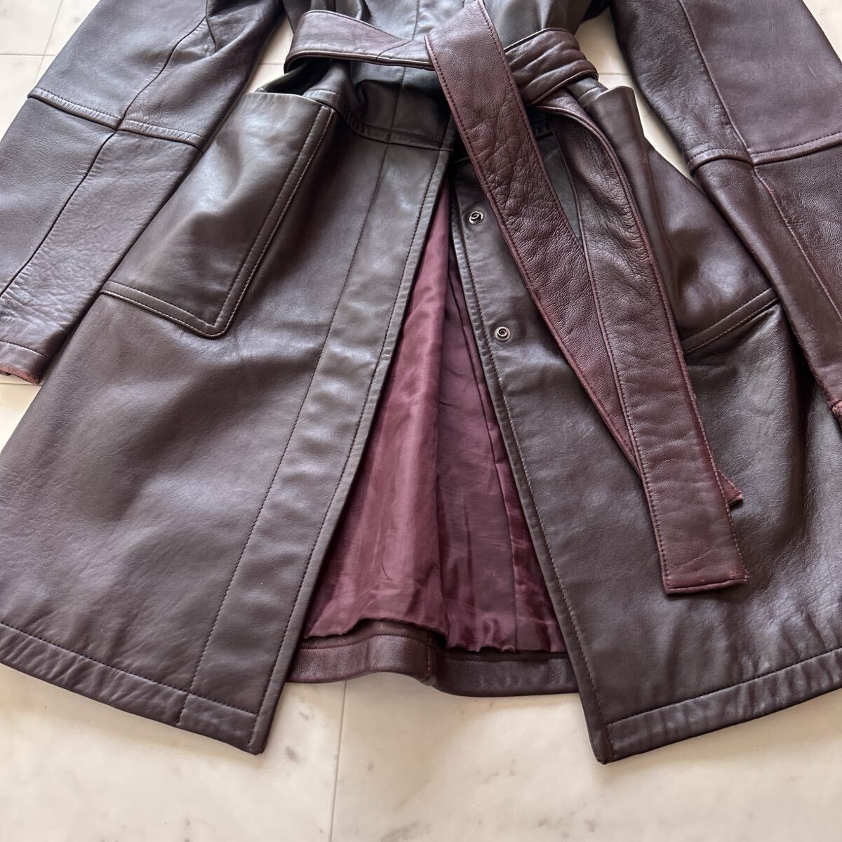 GEORGES RECH ジョルジュレッシュ 本革 ラムレザー コート ロング ベルト赤茶 38 Mサイズ アウター_画像5