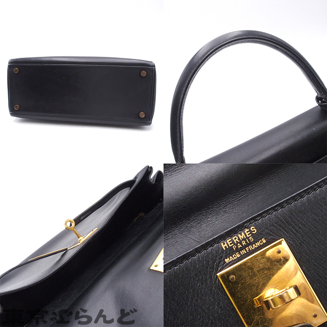 101792009 エルメス HERMES ケリー28 内縫 ヴィンテージ 〇G刻印 ブラック ゴールド金具 ボックスカーフ ハンドバッグ レディース_画像3