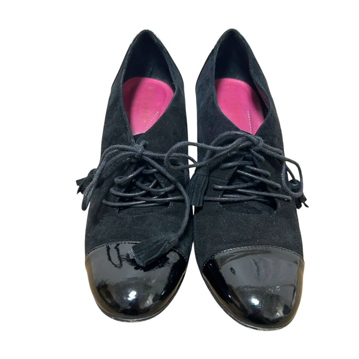 ※P3 kate spade(ケイトスペード) ヒールレザーパンプス スエード ピンヒール レースアップ ブラック イタリア製 表記6.5(23.5cm相当)_画像2