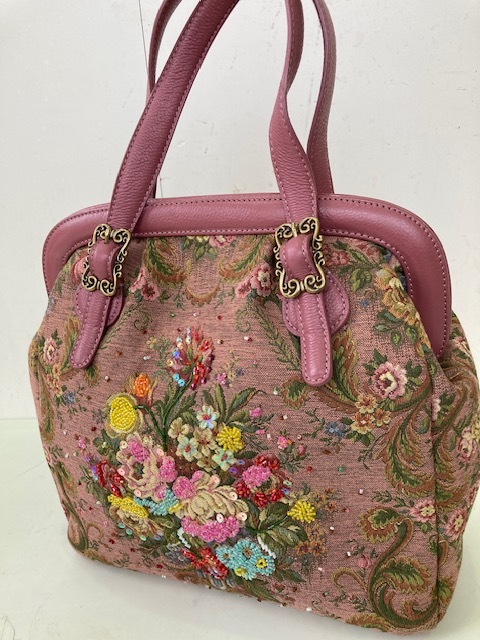 Think Bee ハンドバッグ 刺繍 スパンコール/シンクビー 花柄 薔薇 ビーズ W31×H29×15cm☆美品