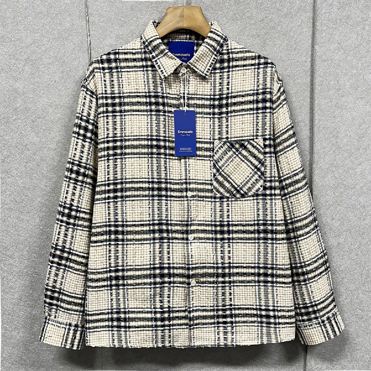 人気・長袖シャツ 定価4万◆Emmauela・イタリア・ミラノ発◆綿100% ソフト 通気 チェック柄 ダメージ加工 開襟シャツ 通勤 街着 2XL/52