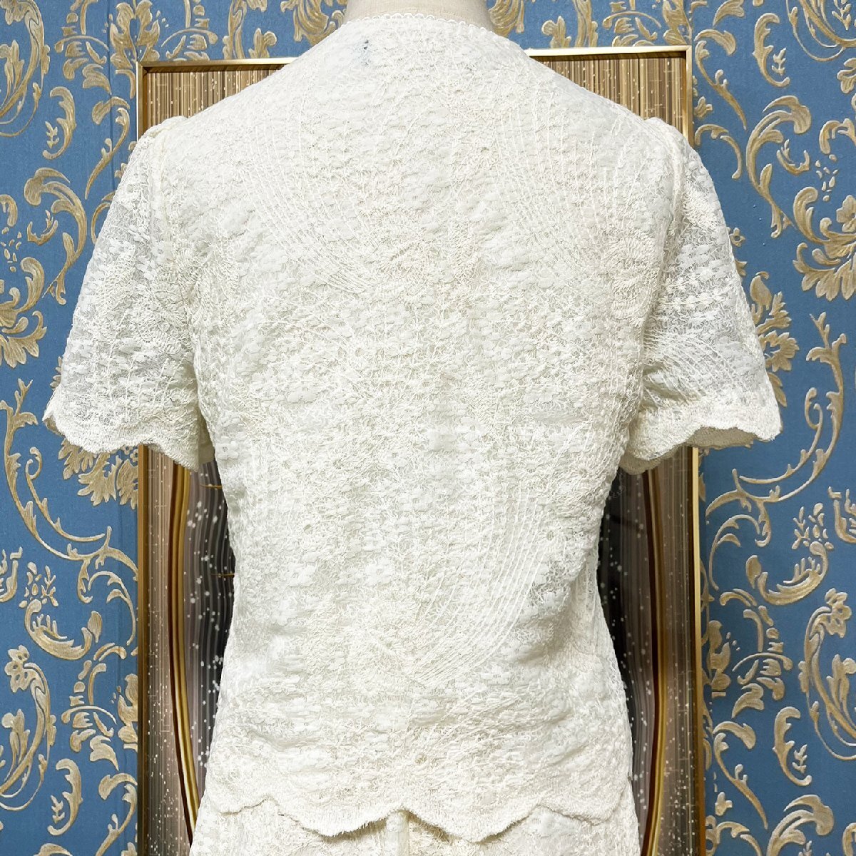 定価7萬★christian milada?ミラノ発?上下セット★上品 ソフト レース 気品 2點セット セットアップ スカート 半袖シャツ OL 通勤 M/36