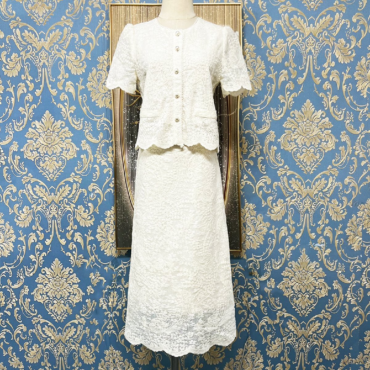 定価7萬★christian milada?ミラノ発?上下セット★上品 ソフト レース 気品 2點セット セットアップ スカート 半袖シャツ OL 通勤 M/36