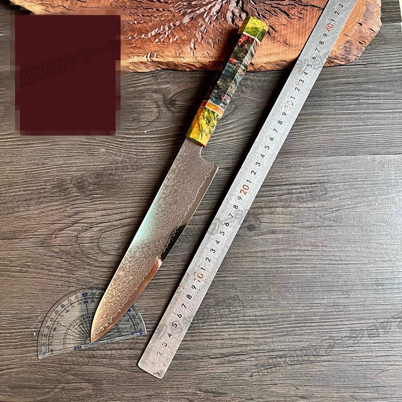 刺身包丁 鏡面仕上げ VG10號本焼出刃包丁 鮑貝のハンドル 壽司包丁 魚包丁 刃渡り360mm 67層のVG10ダマスカス鋼 lhw099