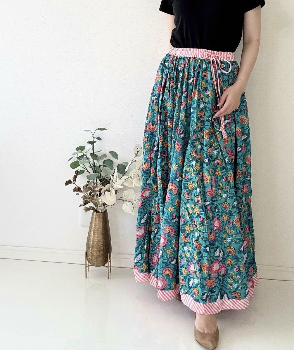【1點物！】ブロックプリントスカート インポート インド綿 花柄スカート マルチカラー