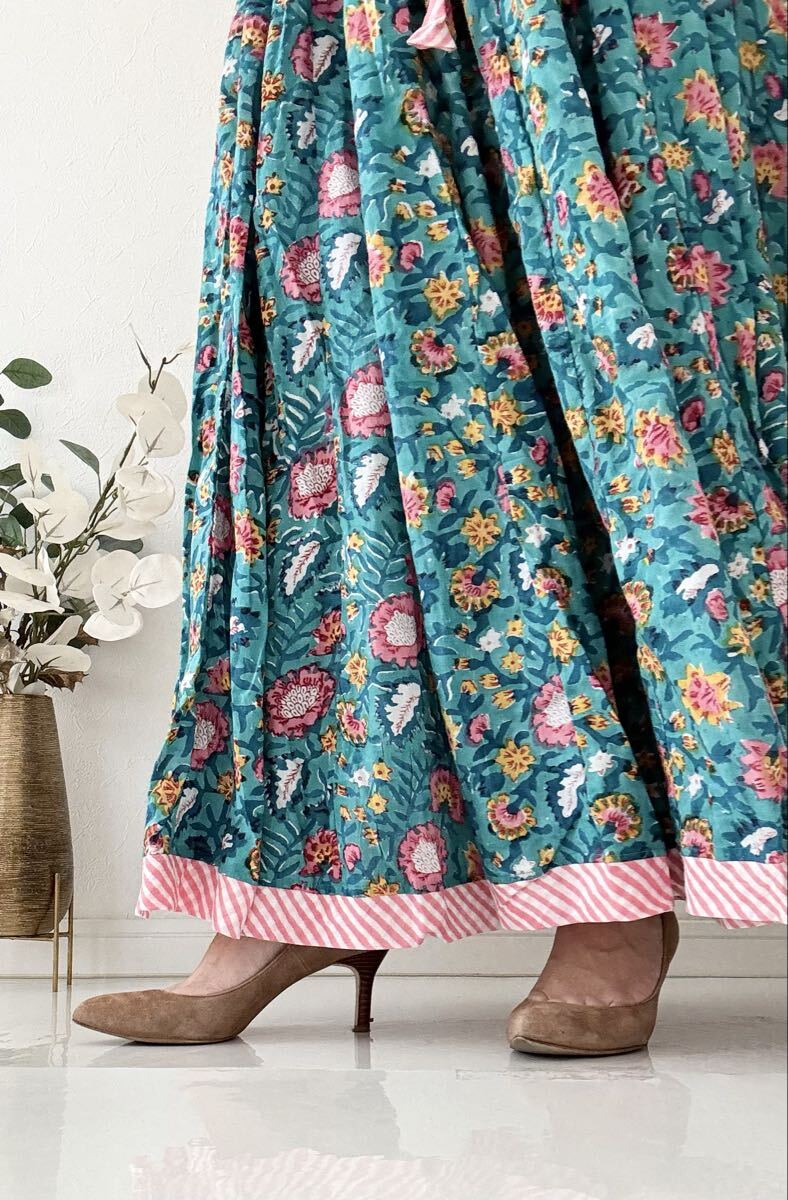 【1點物！】ブロックプリントスカート インポート インド綿 花柄スカート マルチカラー