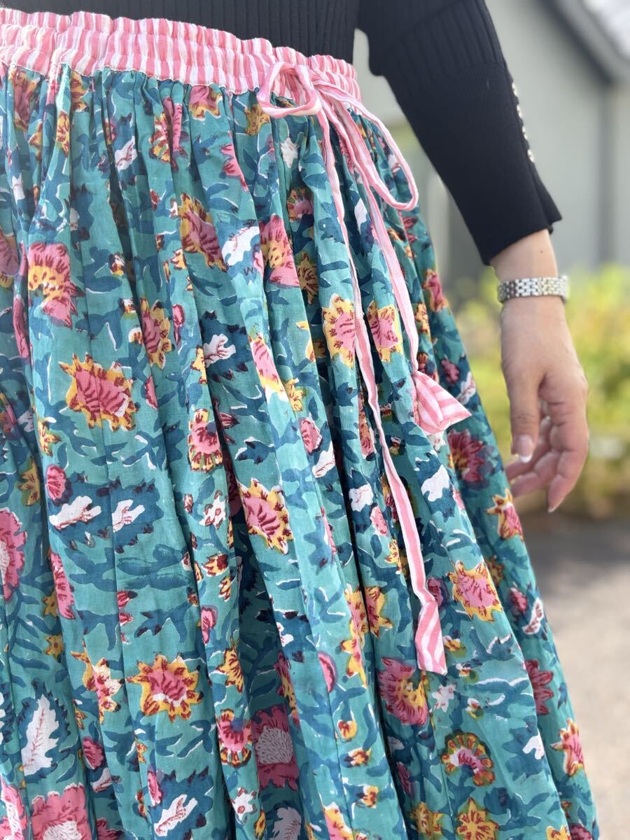 【1點物！】ブロックプリントスカート インポート インド綿 花柄スカート マルチカラー