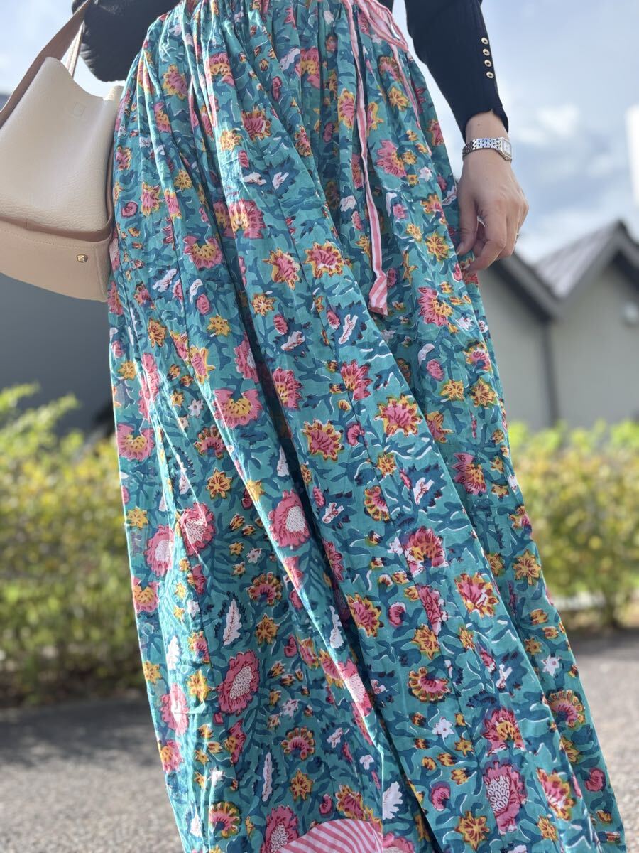 【1點物！】ブロックプリントスカート インポート インド綿 花柄スカート マルチカラー