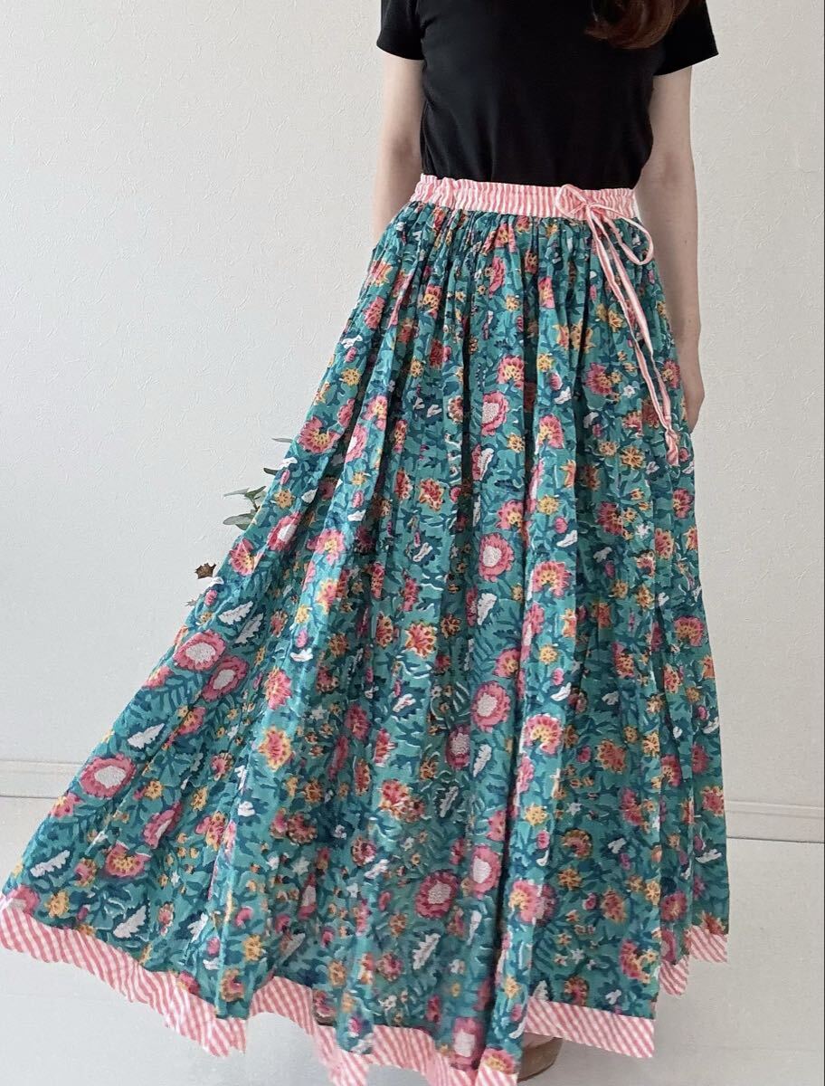 【1點物！】ブロックプリントスカート インポート インド綿 花柄スカート マルチカラー