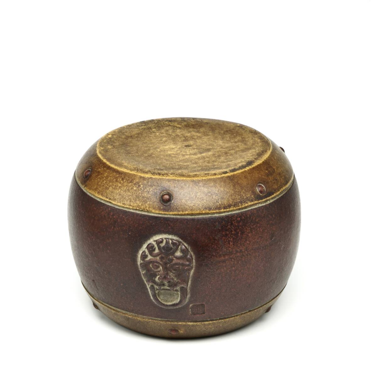 唐物[ 太鼓型]蓋置 茶道具白泥煎紫砂朱泥 時(shí)代物 サイズ幅約9.8cm高さ約6.5cm