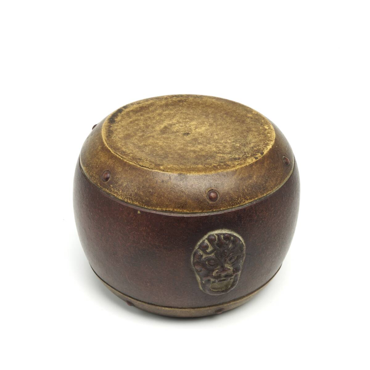 唐物[ 太鼓型]蓋置 茶道具白泥煎紫砂朱泥 時(shí)代物 サイズ幅約9.8cm高さ約6.5cm