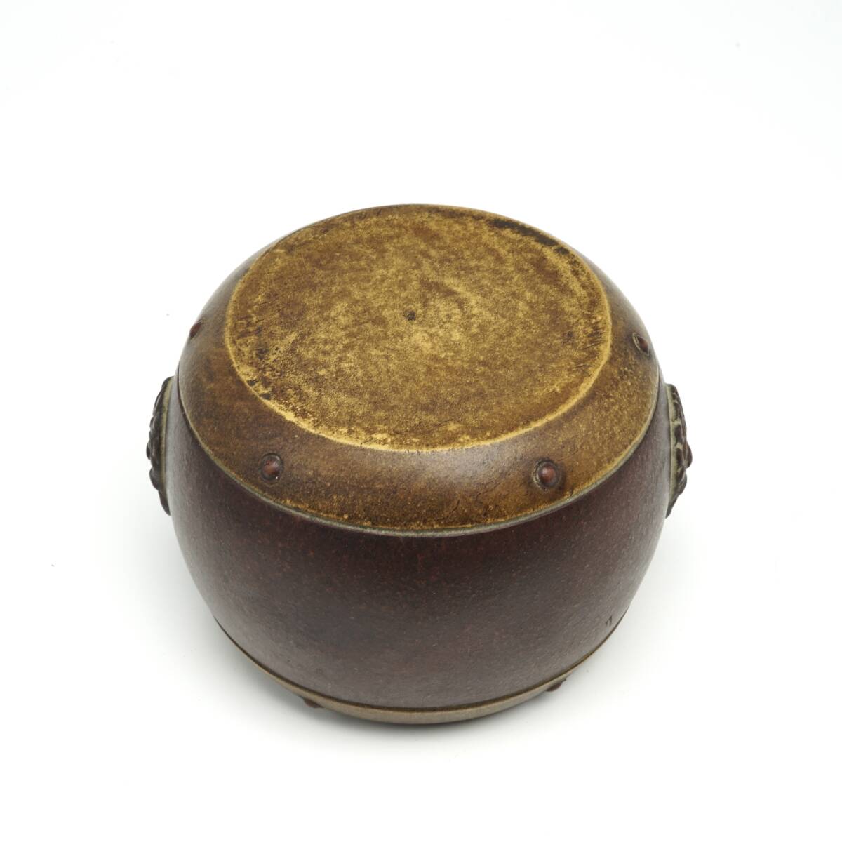 唐物[ 太鼓型]蓋置 茶道具白泥煎紫砂朱泥 時(shí)代物 サイズ幅約9.8cm高さ約6.5cm