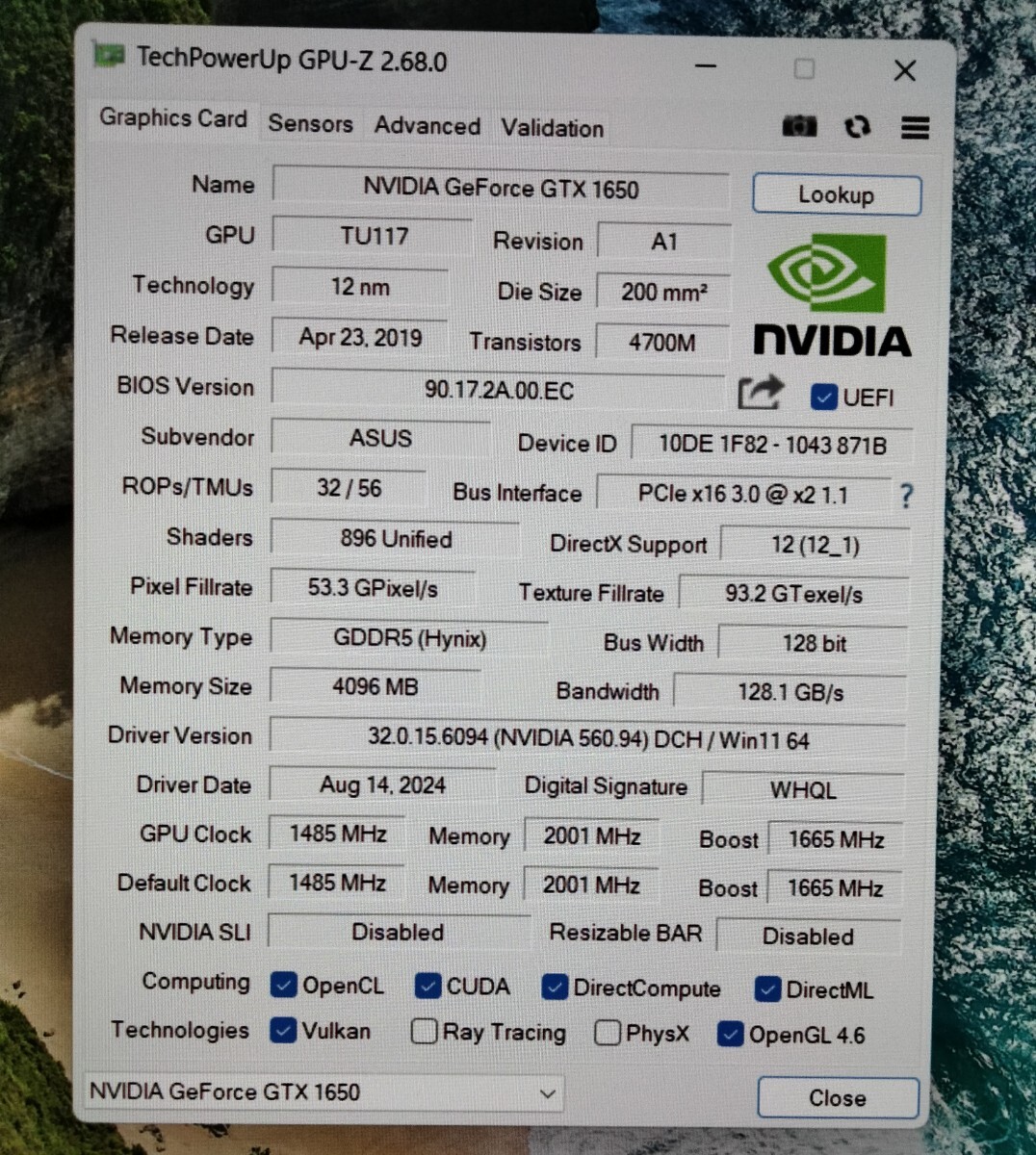 ASUS GeForce GTX1650 LP ロープロ　動(dòng)作確認(rèn)済