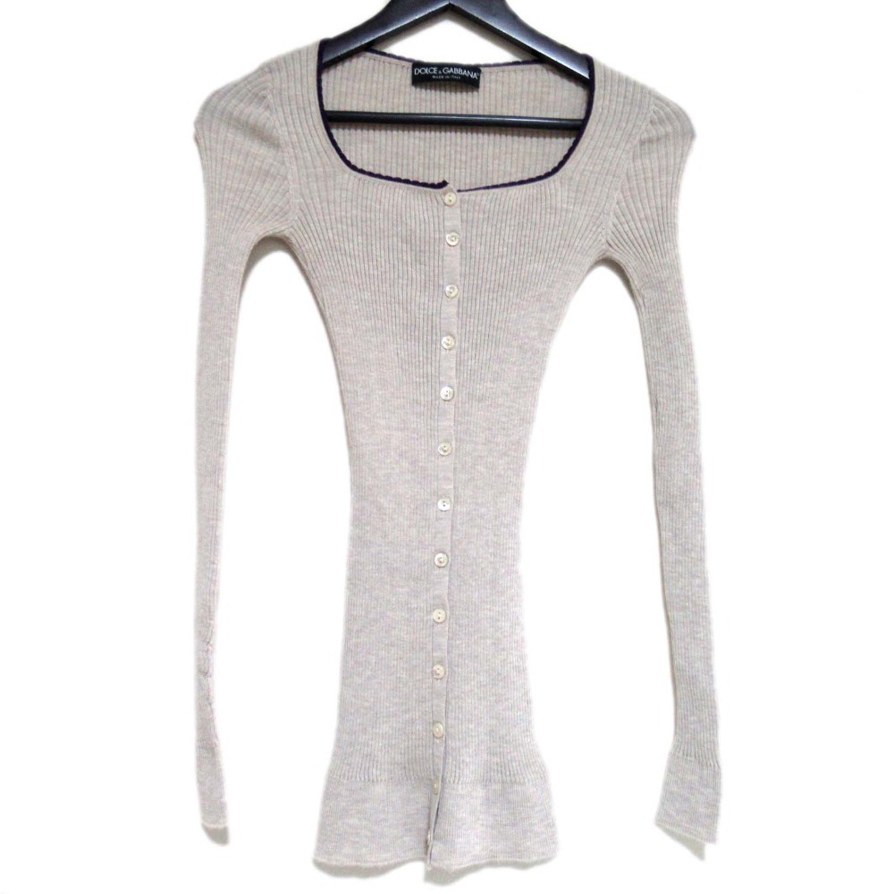 美品 DOLCE&GABBANA ドルチェ&ガッバーナ 長袖 カシミヤ リブニット カーディガン サイズ36 ベージュ×パープル