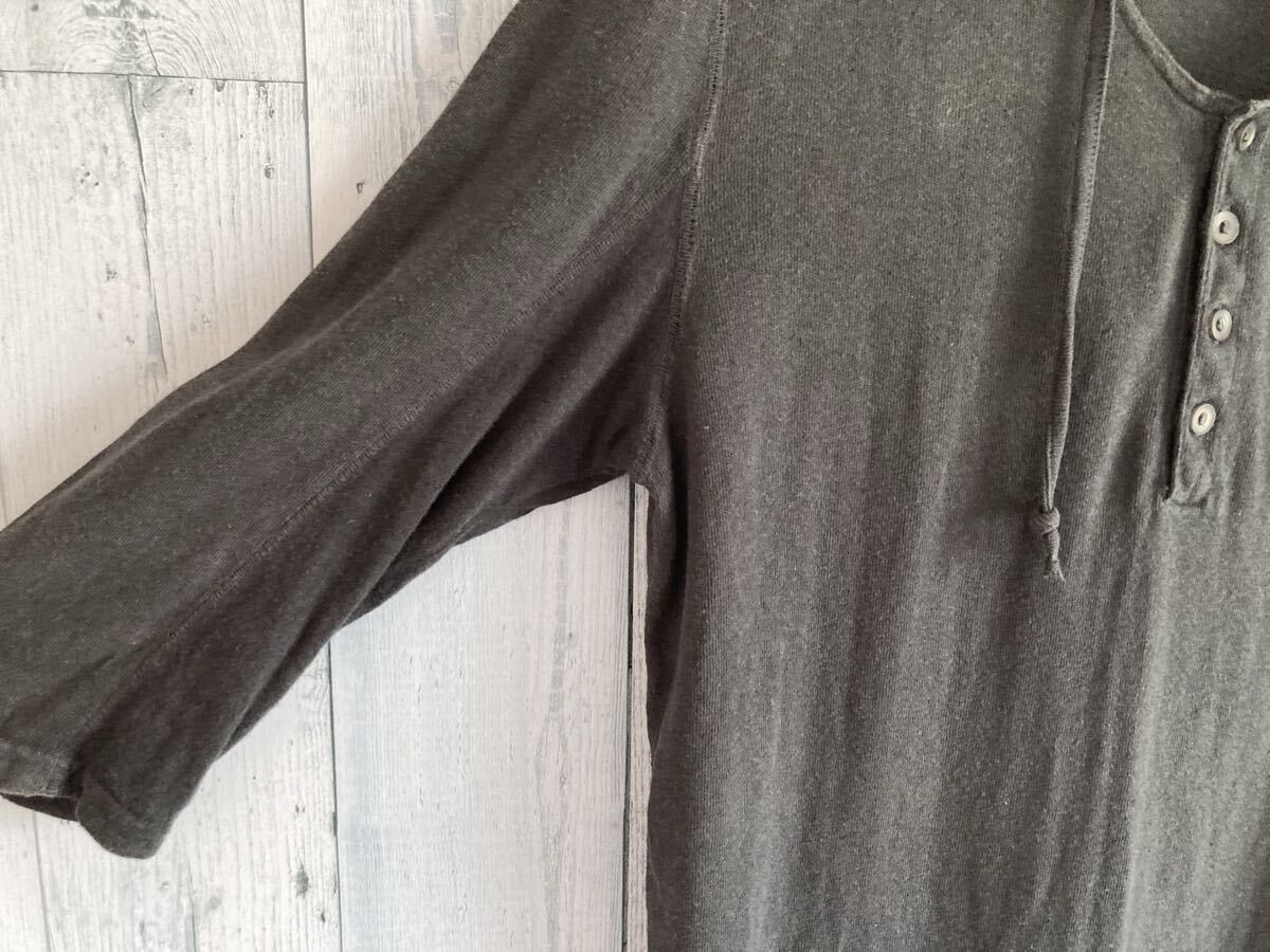 Johnbull ジョンブル 七分袖 麻混 ヘンリーネック カットソー Tシャツ ブラック メンズL