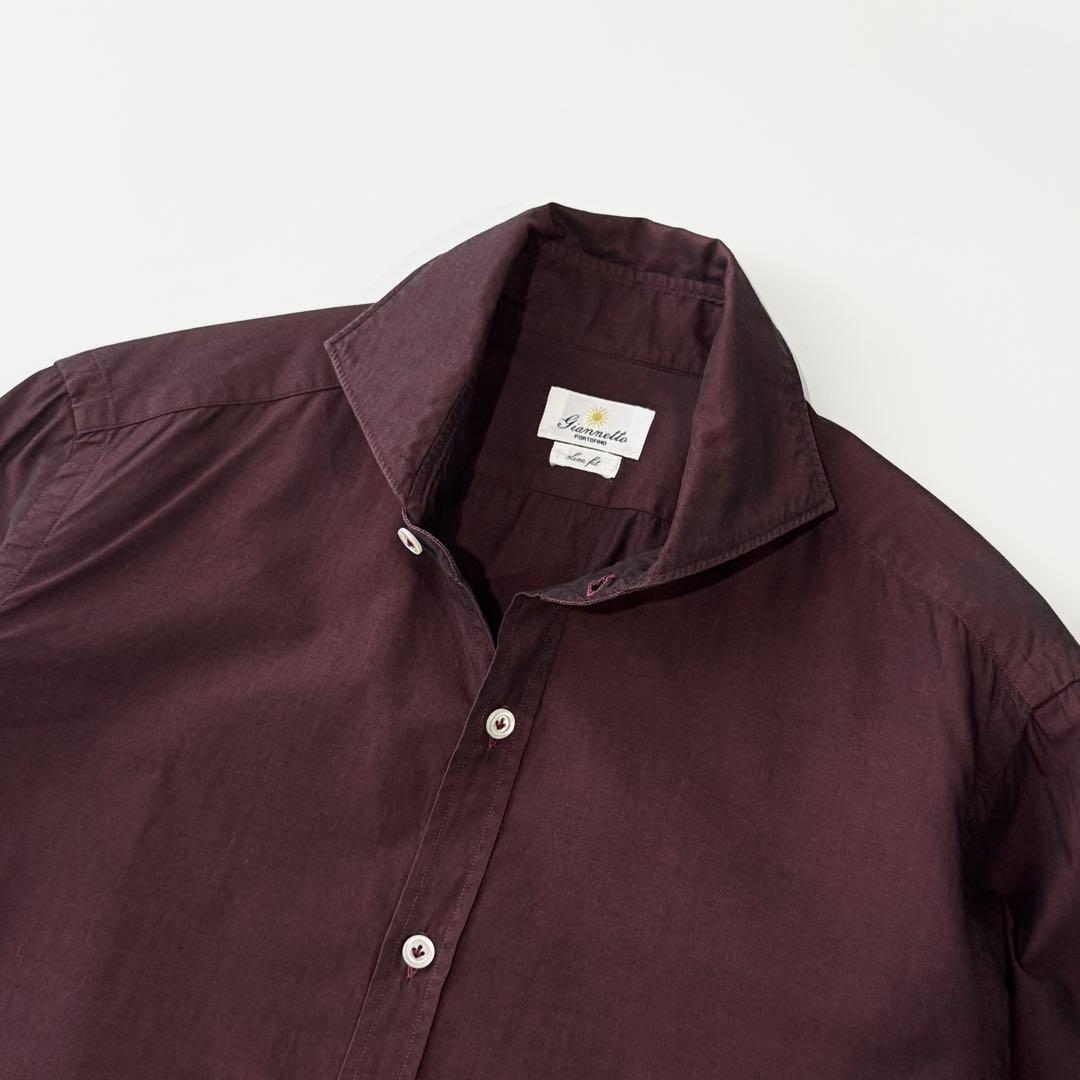 giannetto ジャンネット スリムフィット ワイドカラー シャツ 39 ボルドー バーガンディー カッタウェイ ホリゾンタル 刺繍ロゴ 国内正規_画像3