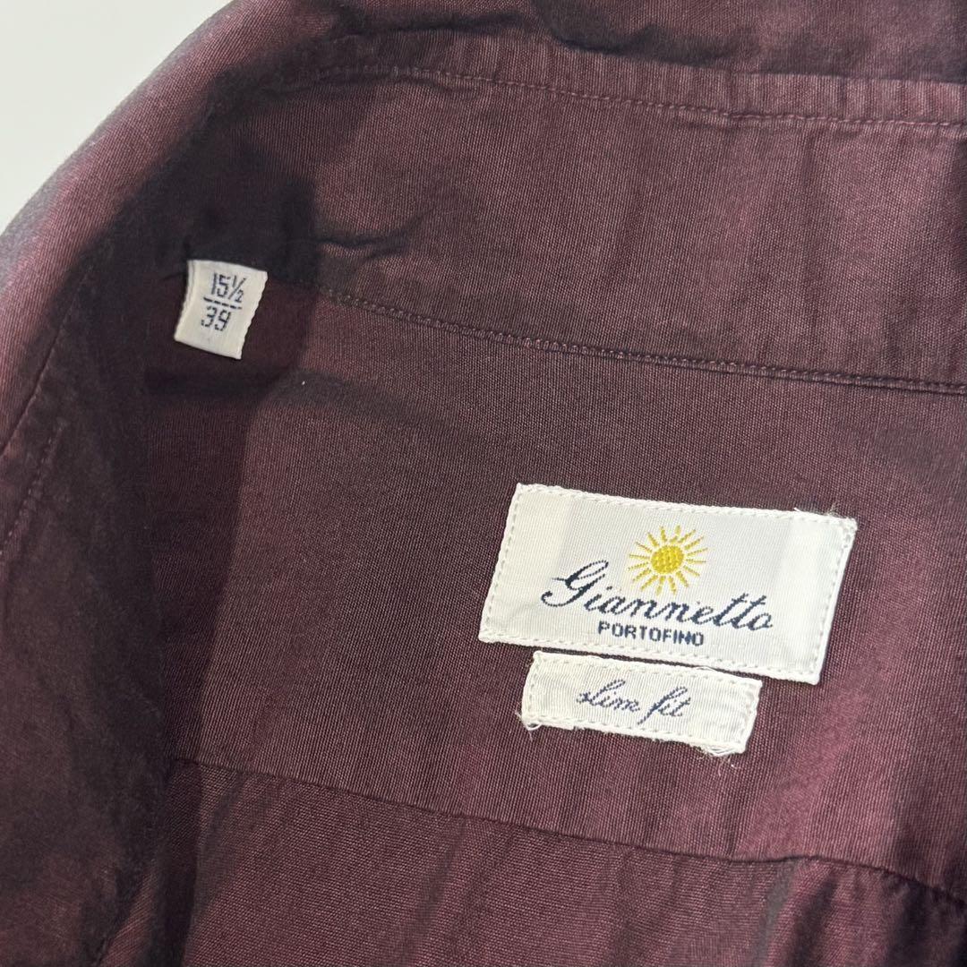giannetto ジャンネット スリムフィット ワイドカラー シャツ 39 ボルドー バーガンディー カッタウェイ ホリゾンタル 刺繍ロゴ 国内正規_画像9