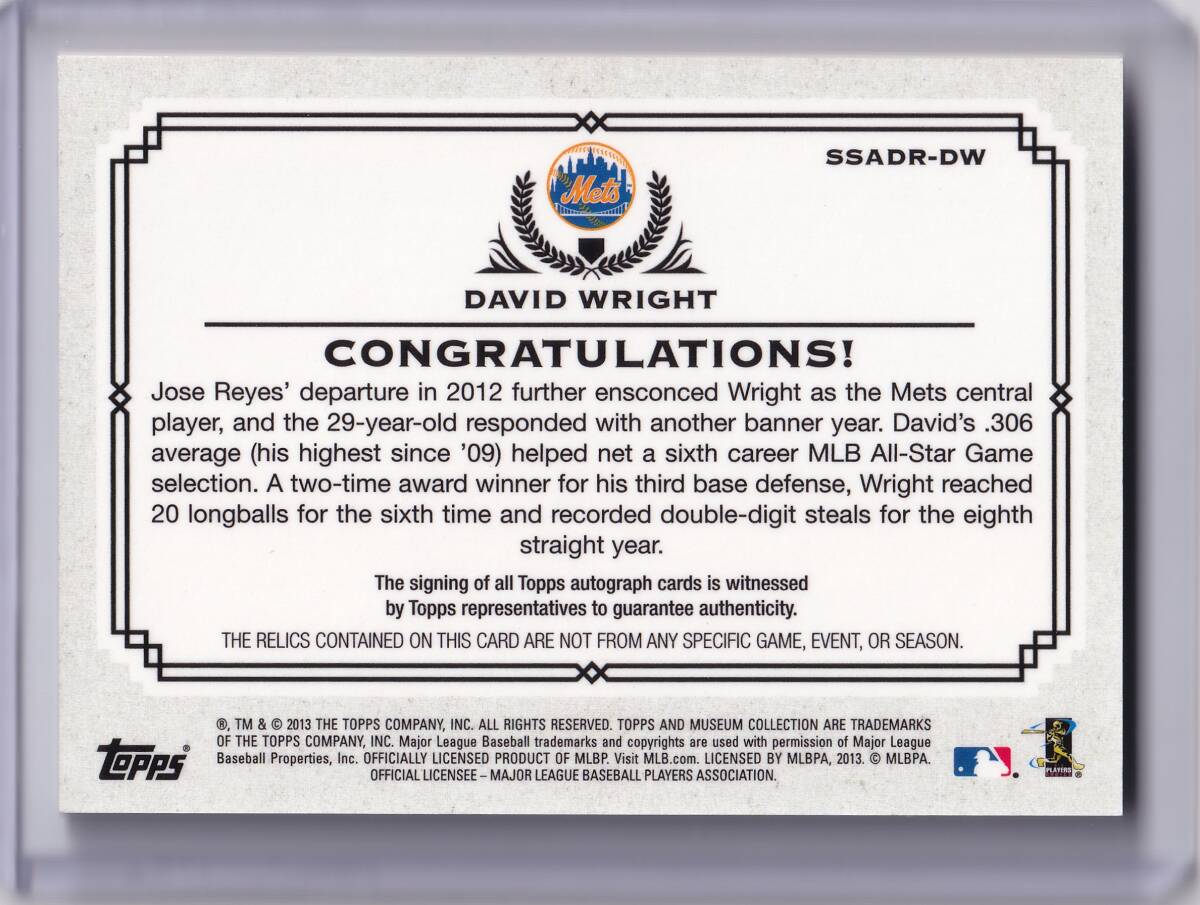 DAVID WRIGHT 直筆サインカード 50枚限定 2013 TOPPS MUSEUM COLLECTION AUTOGRAPHED PATCH RELIC CARD / デビッド?ライト / AUTO
