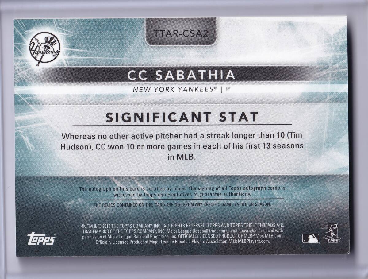 CC SABATHIA 直筆サインカード 3枚限定 2015 TOPPS TRIPLE THREADS AUTOGRAPHED RELIC CARD / サバシア / AUTO