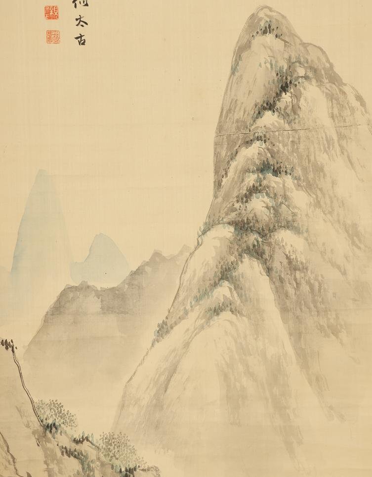 【模寫】野口小蘋◆春山煙嵐図◆山水◆題箱◆肉筆◆絖本◆掛軸◆w831