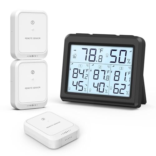 【送料無料】ORIA デジタル温湿度計 外気温度計 ワイヤレス 温度湿度計 室内 室外 三つセンサー 高精度 LCD大画面 バック_画像1