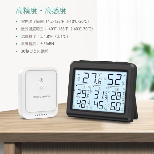【送料無料】ORIA デジタル温湿度計 外気温度計 ワイヤレス 温度湿度計 室内 室外 三つセンサー 高精度 LCD大画面 バック_画像6