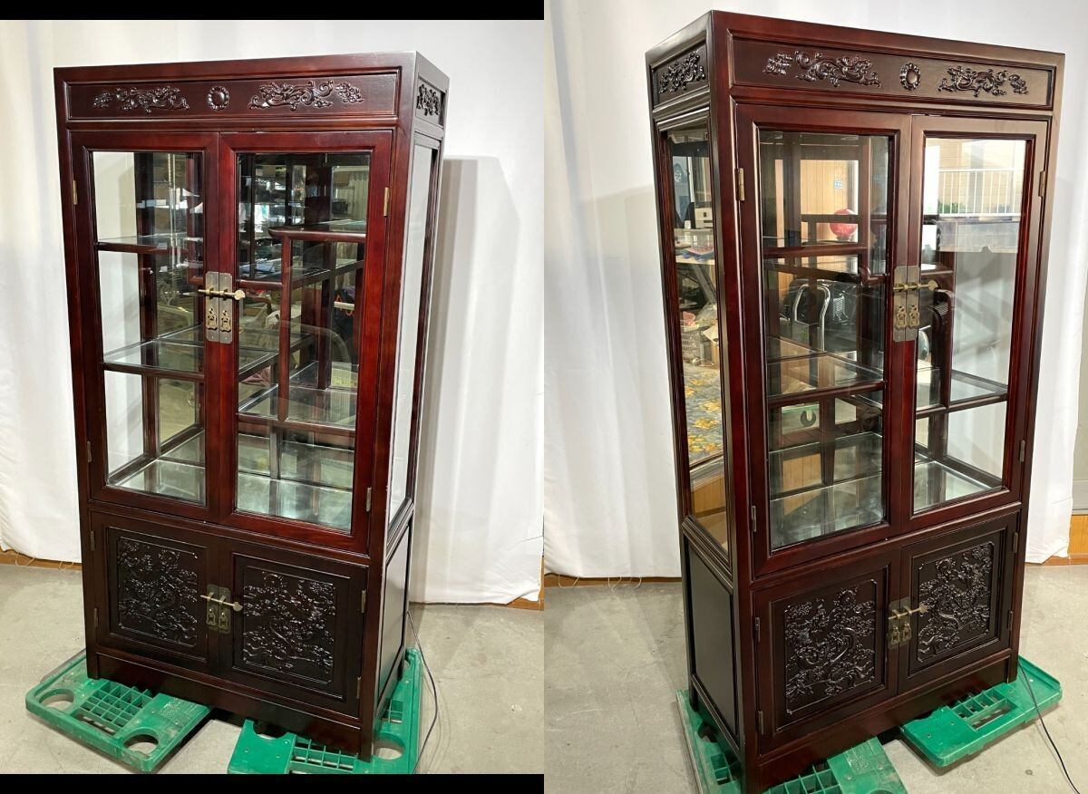 【K864】高級 飾り棚 キャビネット 家具 インテリア 古美術 ショーケース ライト付き 唐木 中国 細工 アンティーク_画像2