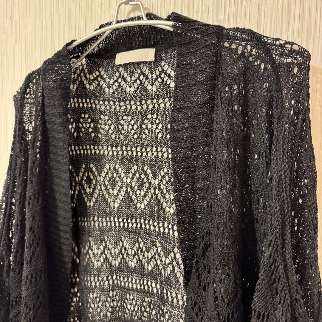 美品★レース編みカーディガン ラグラン袖 7分袖 M 黒 ブラック 秋_画像5