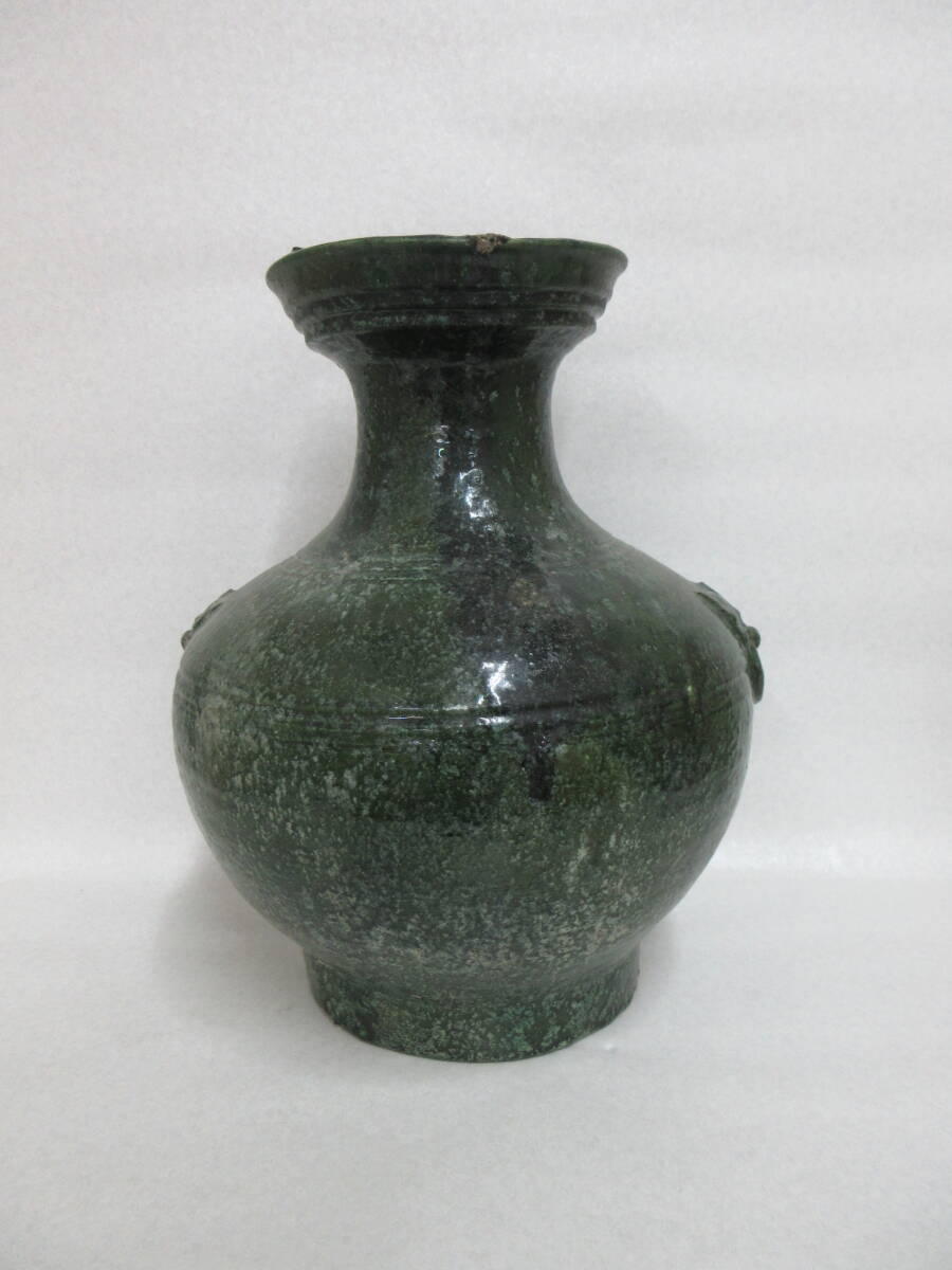Ｔ２４６７　中國美術(shù)　后漢時(shí)代（２５～２２０）　緑釉壺　高３６．５ｃｍ?。矗耄纭∷d同手　唐物　古玩