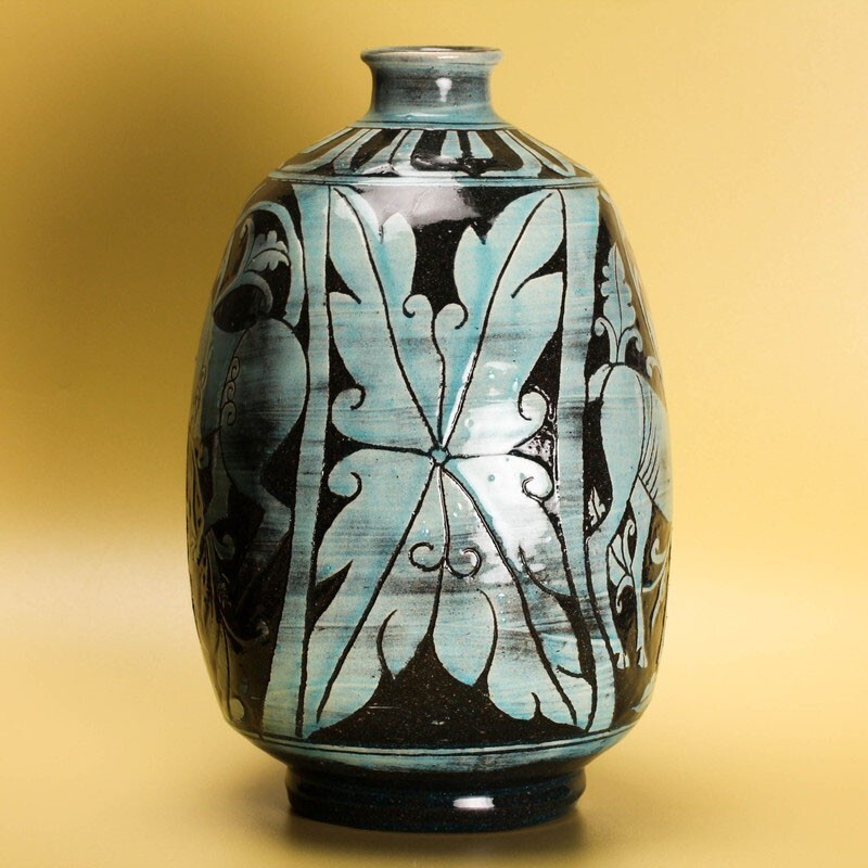 希少な于韓國山清窯作！ 十三代 中里太郎右衛(wèi)門(逢庵) 本人作 昭和六十三年作 翡翠掻落し獣文偏壷 共箱 栞 本物保証