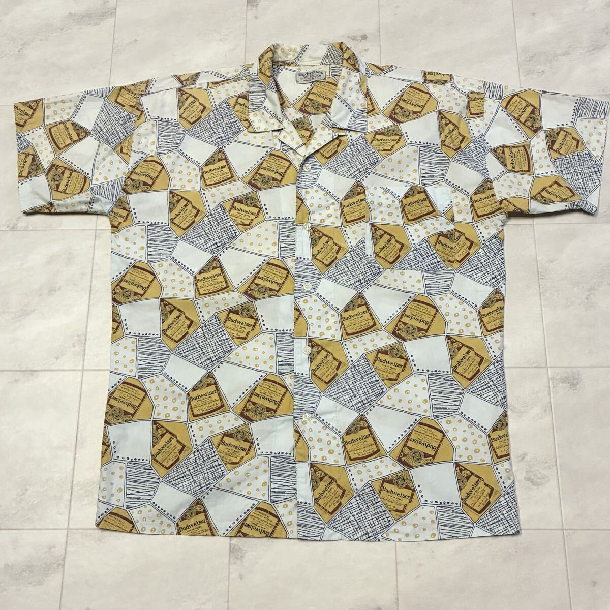 80s 90s Budweiser バドワイザー KING OF BEERS 総柄 開襟 オープンカラー ビンテージ アロハシャツ_画像1